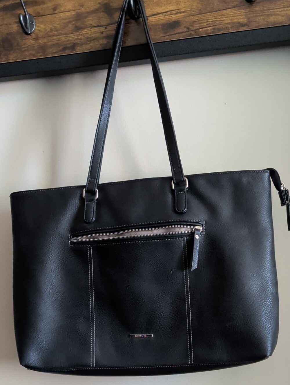 Roots Black Leather-Look Tote with Front Zip